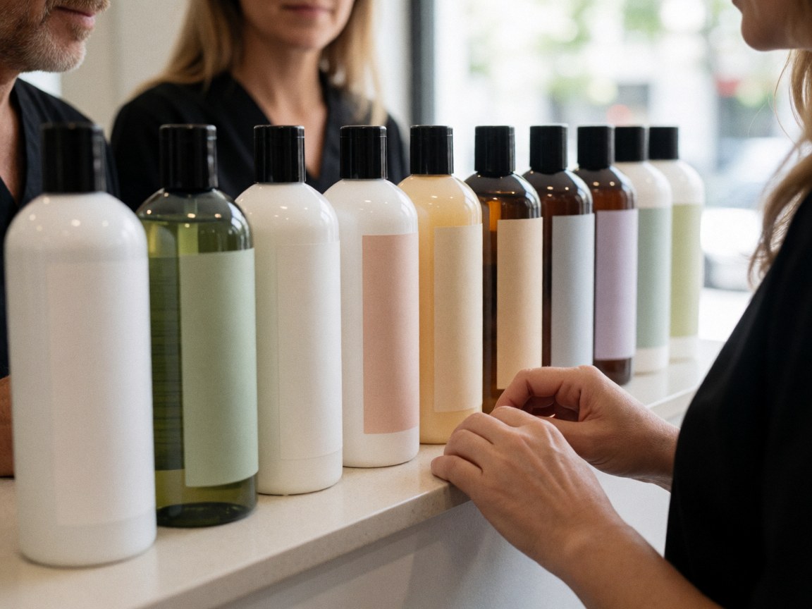 Des bouteilles de soins capillaires avec étiquettes sont alignées sur une étagère en bois dans un salon de coiffure.