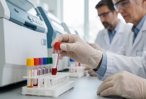 Une main portant un gant médical saisit un tube contenant un échantillon de sang posé sur un support, dans un laboratoire clinique avec des équipements en arrière-plan.
