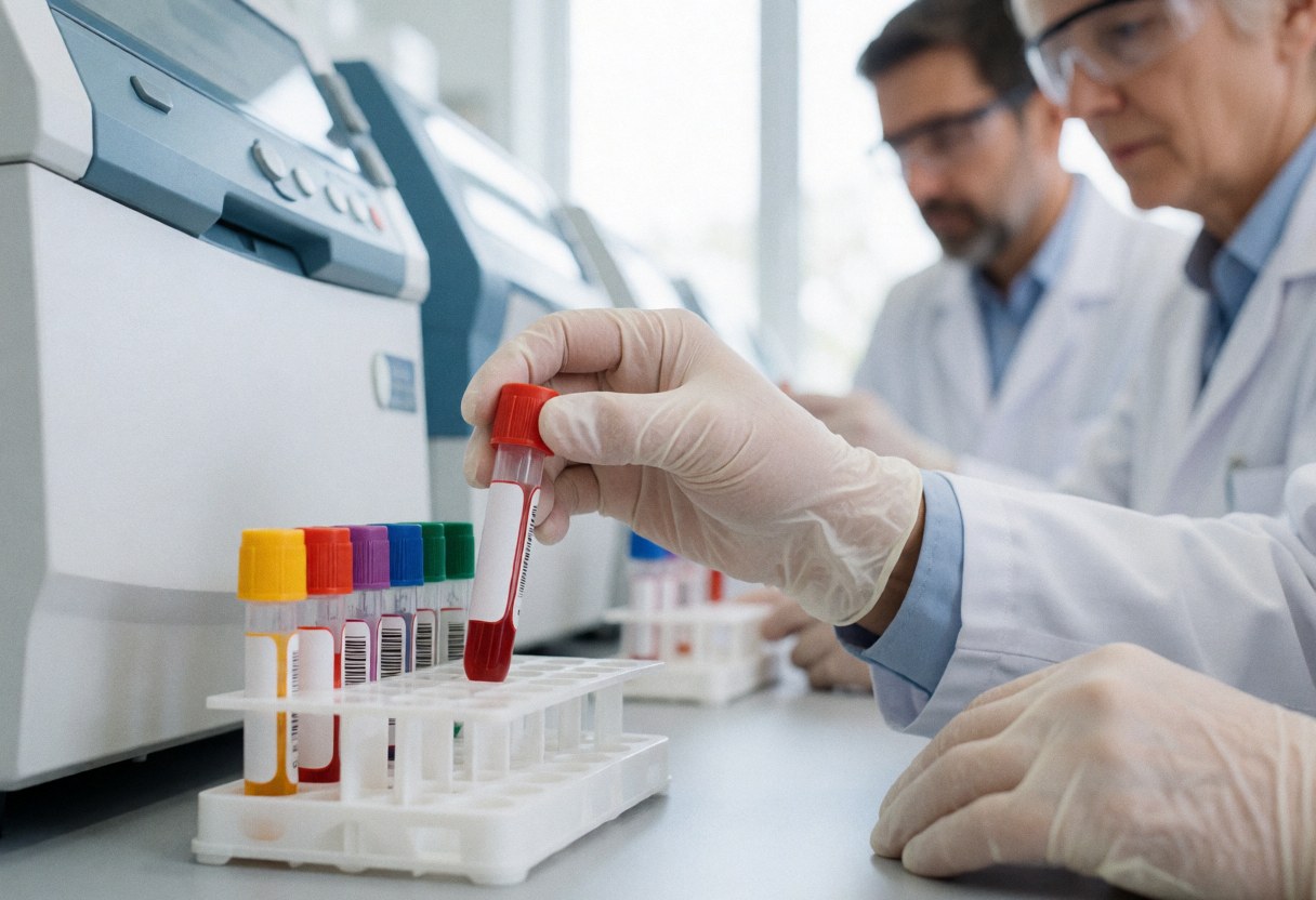 Une main portant un gant médical saisit un tube contenant un échantillon de sang posé sur un support, dans un laboratoire clinique avec des équipements en arrière-plan.