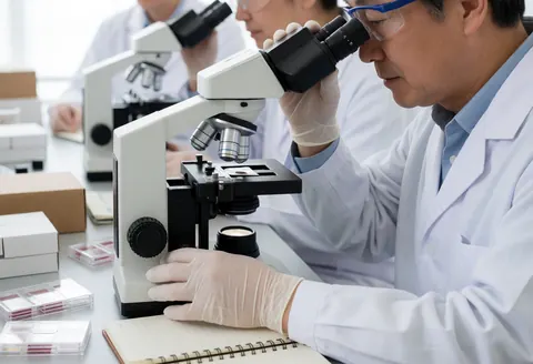 Un technicien de laboratoire portant des gants et une blouse blanche examine un échantillon à l'aide d'un microscope dans un environnement professionnel.