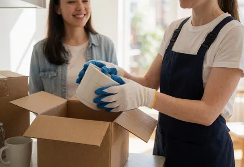 Une femme portant gants et tablier place un objet dans une caisse pendant qu'une cliente sourit en arrière-plan d'une cuisine moderne.