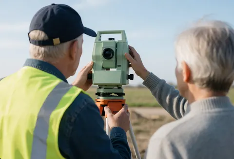 Un topographe utilise un instrument de mesure monté sur trépied pour travailler sur un terrain ouvert sous un ciel bleu dégagé.