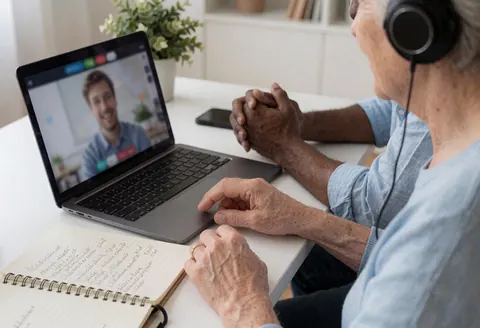 Vue d'un étudiant portant des écouteurs, assis à un bureau avec un ordinateur portable, un cahet et des plantes, participant à une leçon de langues à distance.