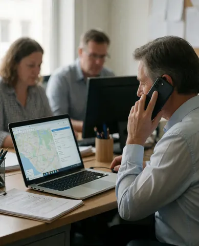 Un dirigeant consulte une carte sur son ordinateur portable tout en parlant au téléphone, tandis que ses collaborateurs travaillent à leurs postes.