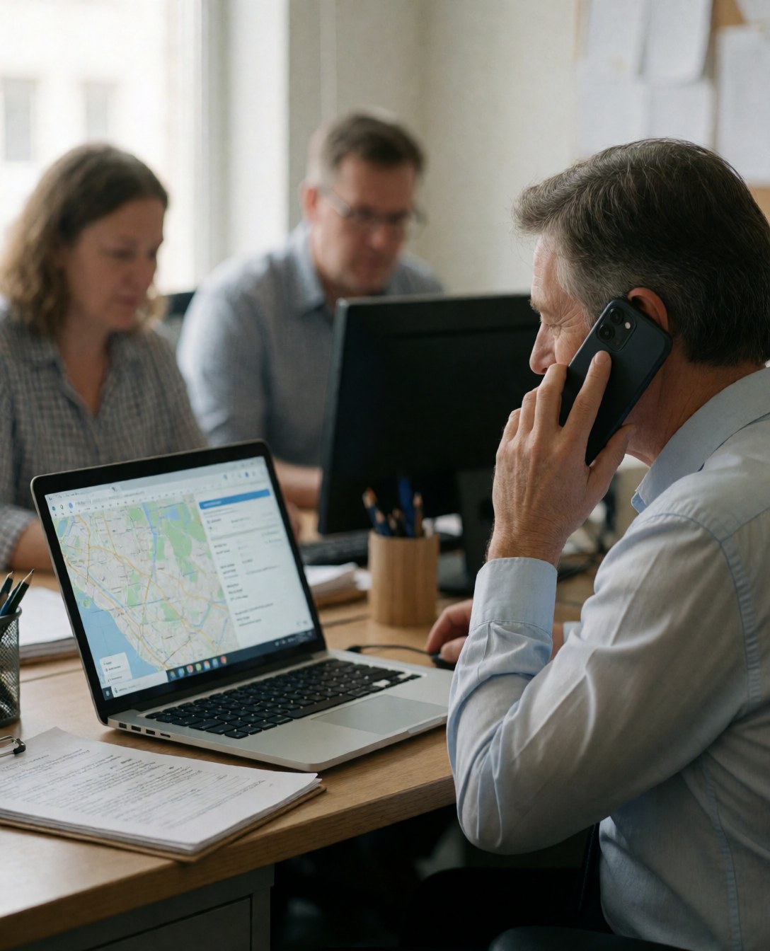 Un dirigeant consulte une carte sur son ordinateur portable tout en parlant au téléphone, tandis que ses collaborateurs travaillent à leurs postes.
