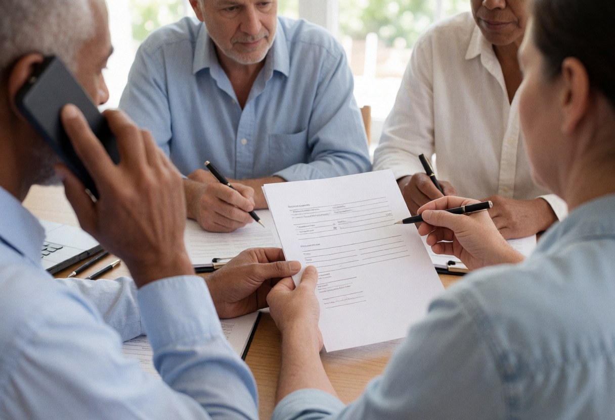 Groupe en réunion professionnelle examinant des papiers sur une table en bois, l'un signe un document tandis qu'un autre parle au téléphone.