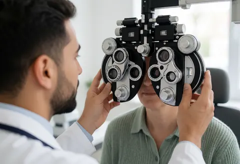 Un optométriste ajuste un phoroptère devant une patiente lors d'un examen de la vue dans une clinique moderne.