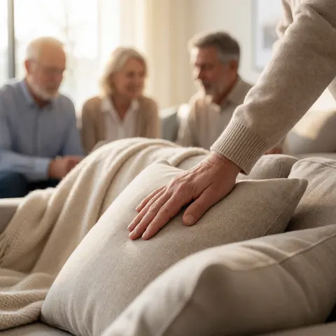 Gros plan d'une main touchant un coussin sur un canapé dans un salon chaleureux avec une couverture et des tons neutres.