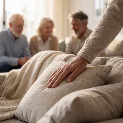 Gros plan d'une main touchant un coussin sur un canapé dans un salon chaleureux avec une couverture et des tons neutres.