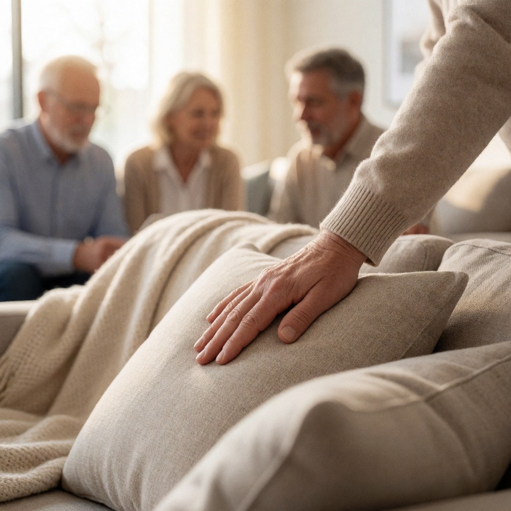 Gros plan d'une main touchant un coussin sur un canapé dans un salon chaleureux avec une couverture et des tons neutres.