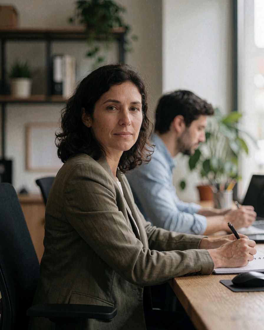 Portrait d'une femme dirigeante travaillant à son bureau moderne avec une vue sur la fenêtre.