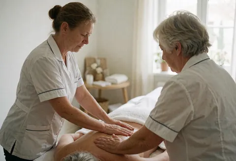 Deux thérapeutes pratiquent un massage dorsal sur un client dans une pièce de spa baignée de lumière naturelle, vêtus d'uniformes blancs.