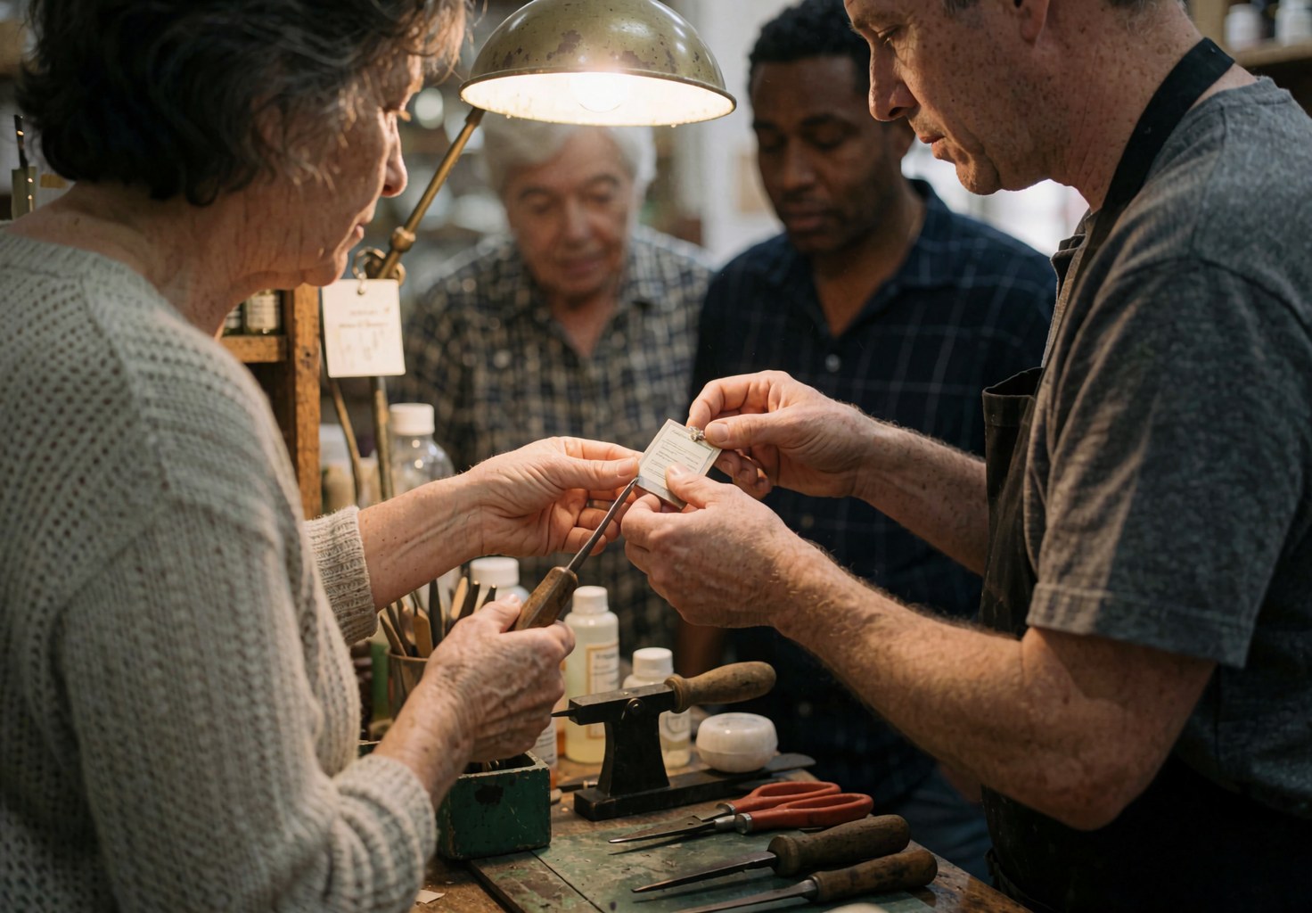 Un artisan et une cliente inspectent attentivement un bijou dans un atelier, avec des outils visibles et d'autres clients en arrière-plan.