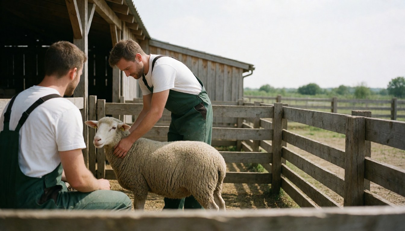 Un vétérinaire professionnel examine des moutons dans un environnement rural en plein air sous la lumière du jour.