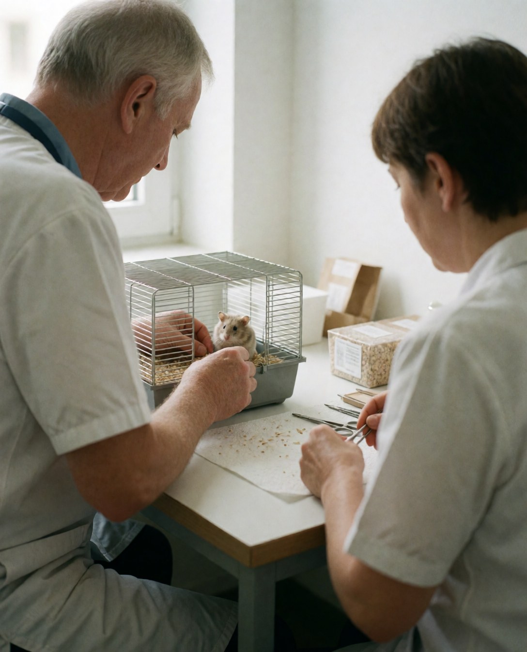 Un vétérinaire et son assistant soignent un hamster placé dans une cage sur une table blanche au sein d'une clinique vétérinaire moderne et propre.