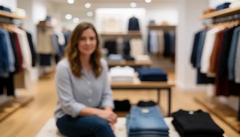 Une femme souriante est assise par terre dans un magasin de vêtements, entourée de vêtements exposés sur des étagères et des tables, créant une ambiance chaleureuse et accueillante.