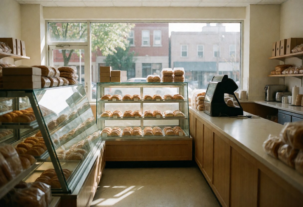 Vue intérieure d'une boulangerie déserte présentant des pâtisseries fraîches dans des vitrines et un comptoir propre, adapté aux sites web professionnels.