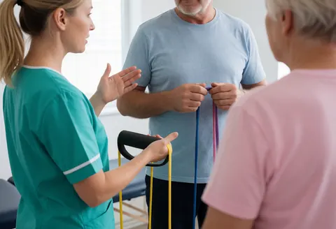 Un kinésithérapeute explique un exercice avec des bandes élastiques à un patient dans une salle de traitement, tandis qu'une autre personne observe depuis l'arrière.