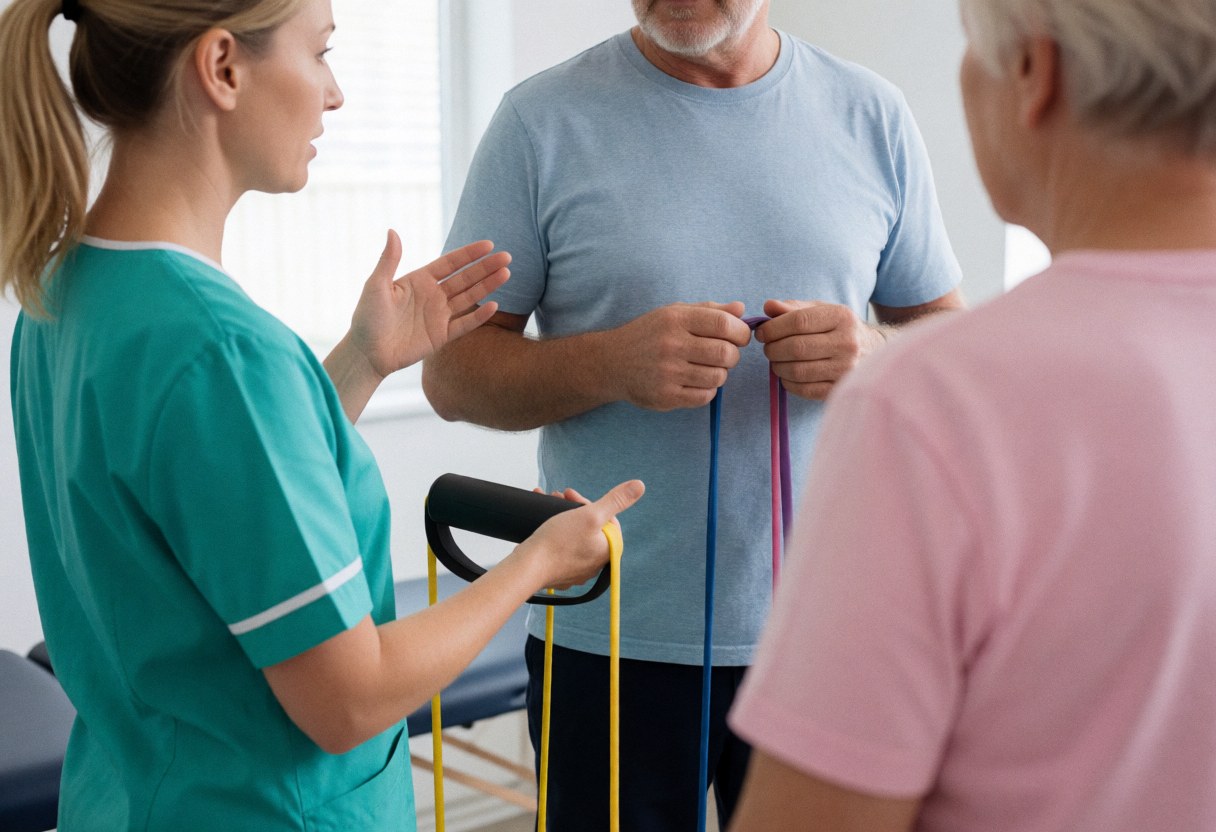 Un kinésithérapeute explique un exercice avec des bandes élastiques à un patient dans une salle de traitement, tandis qu'une autre personne observe depuis l'arrière.