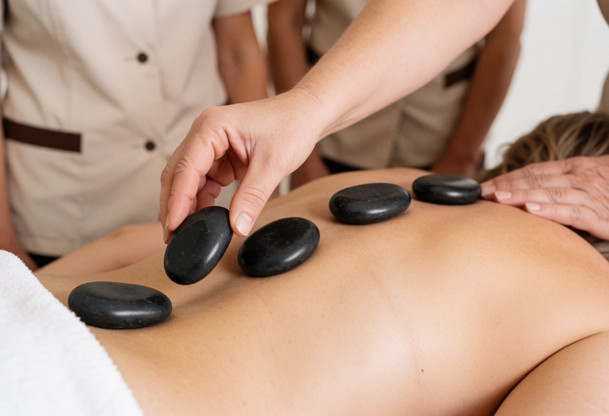 Un thérapeute utilise des pierres de basalte chauffées pour réaliser un massage relaxant sur le dos nu d'un client dans un cadre spa apaisant.