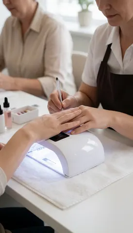 Professionnelle appliquant un traitement aux ongles d'une cliente à l'aide d'une lampe uv sur une table propre et bien éclairée, entourée de produits de soin.