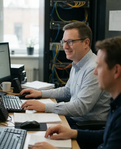 Un informaticien souriant tape sur un clavier devant un écran, entouré de câbles et de serveurs dans un bureau lumineux.