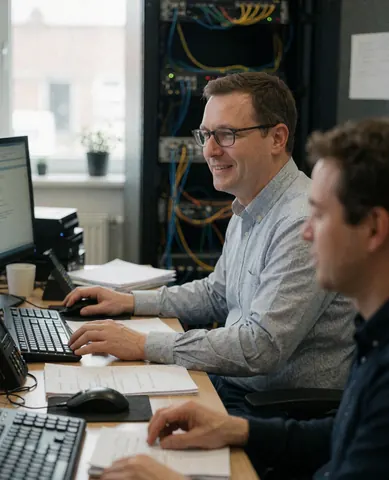 Un informaticien souriant tape sur un clavier devant un écran, entouré de câbles et de serveurs dans un bureau lumineux.