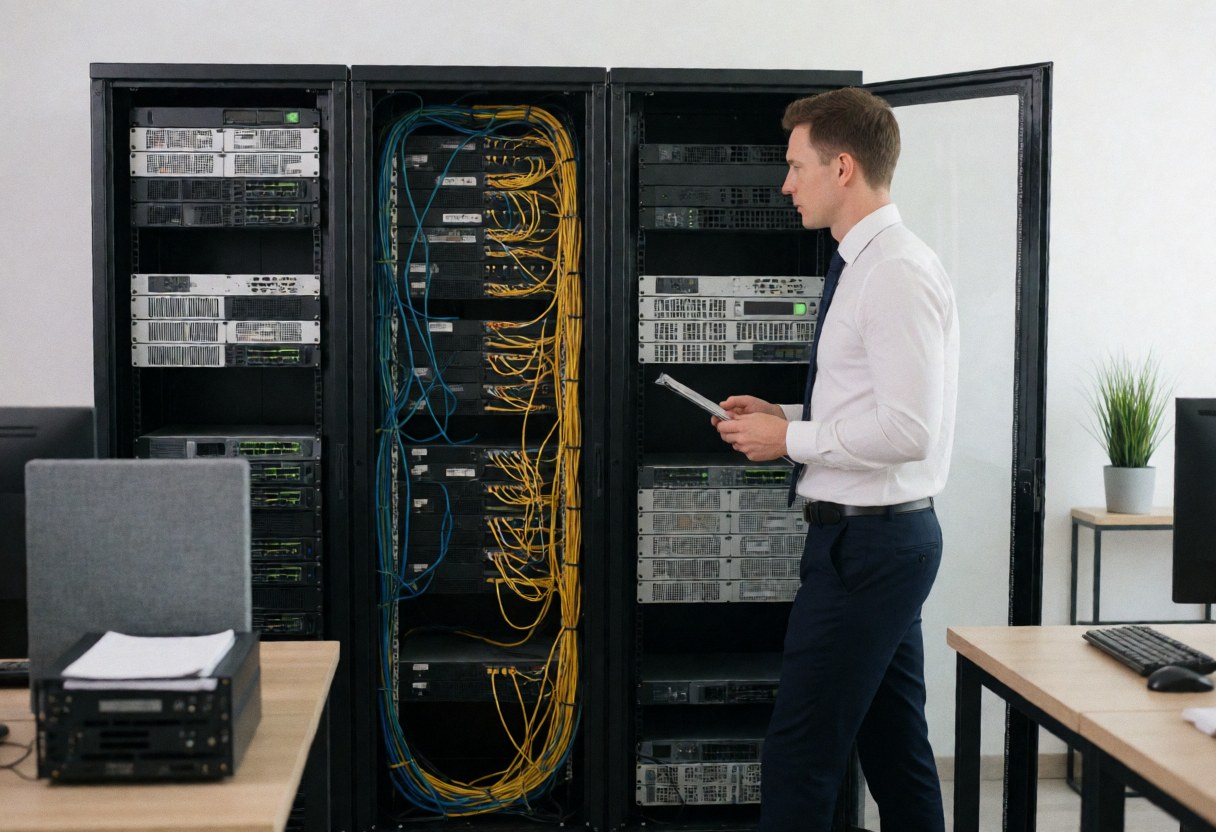 Un homme examine des serveurs et des câbles dans un bureau technologique avec du matériel réseau.