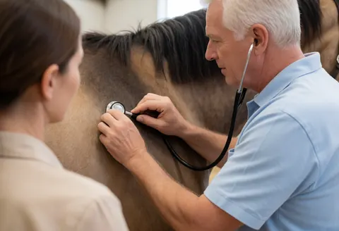 Un vétérinaire ausculte le cœur d'un cheval à l'aide d'un stéthoscope dans une écurie, illustrant des soins animaux professionnels.