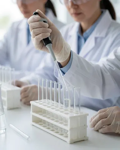 Un scientifique portant des gants et une blouse verse un liquide dans des tubes placés sur un support, dans un laboratoire propre et bien éclairé.