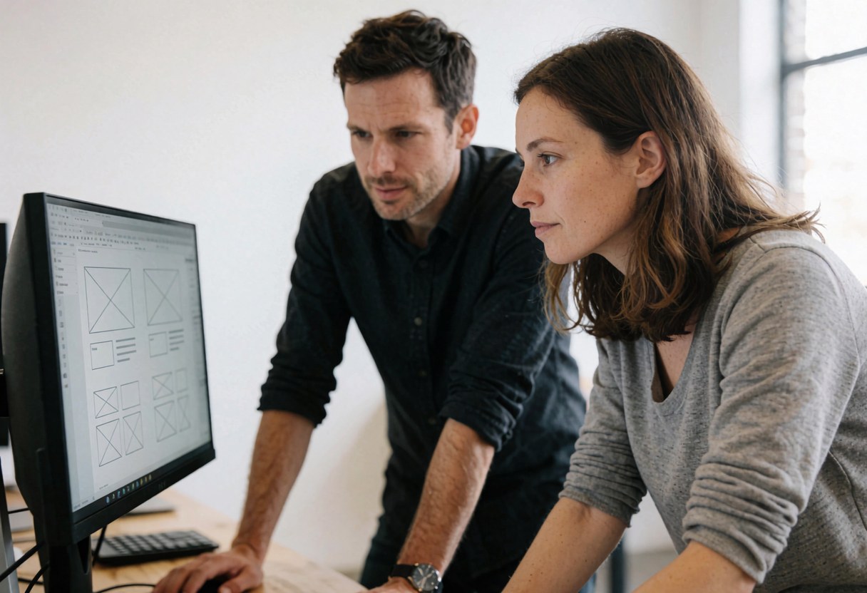 Une designer et un entrepreneur analysent ensemble des wireframes sur un ordinateur dans un bureau moderne éclairé par la lumière naturelle.