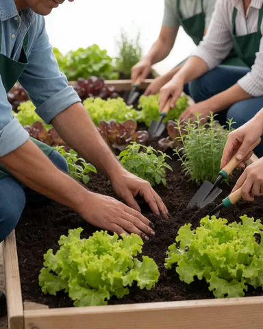 Trois jardiniers travaillant ensemble dans un jardin de pots avec de la laitue et des herbes, utilisant des outils et leurs mains dans la terre par une journée ensoleillée.