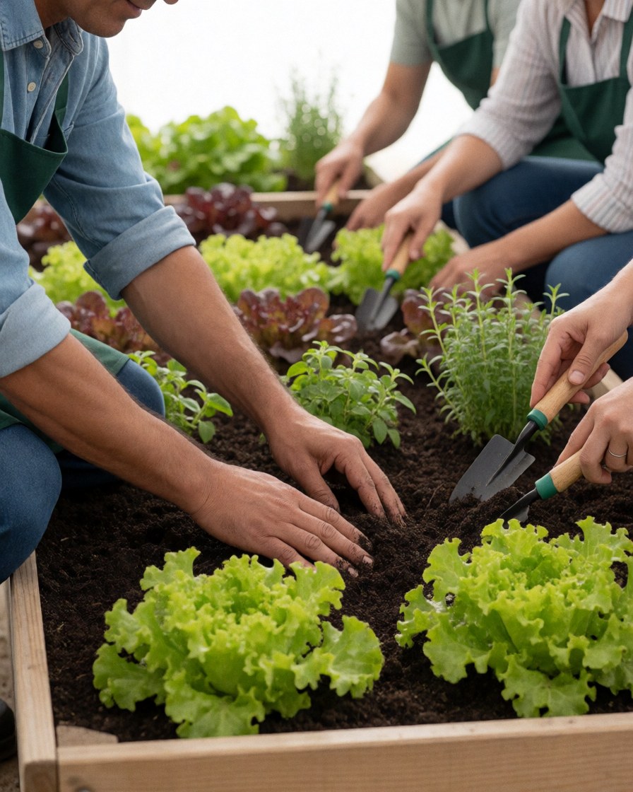 Trois jardiniers travaillant ensemble dans un jardin de pots avec de la laitue et des herbes, utilisant des outils et leurs mains dans la terre par une journée ensoleillée.