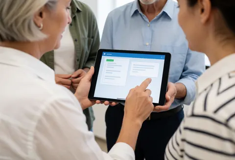 Un professionnel des ressources humaines utilise une tablette pour fournir un soutien numérique à un client dans un environnement de travail moderne et collaboratif.