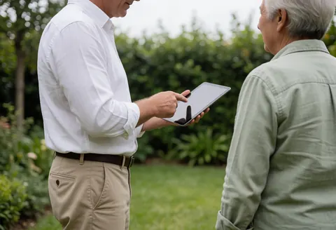 Un agent immobilier présente un bien à un client senior dans un jardin ensoleillé, tous deux de dos, utilisant une tablette pour illustrer les détails du terrain.