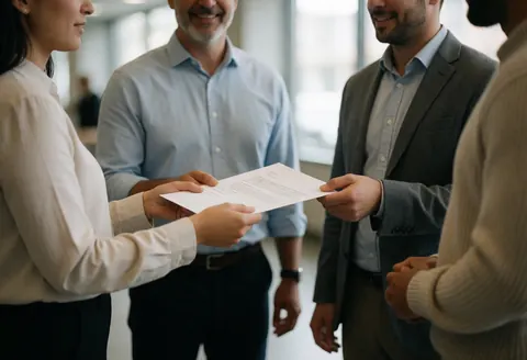 Vendeur remettant un document contractuel à un client dans un cadre professionnel. Les deux personnes sourient, illustrant une transaction positive et réussie.