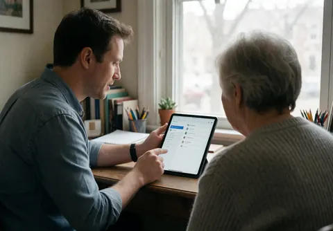 Un consultant logiciel explique une interface d'application sur une tablette à un client âgé dans un bureau domestique éclairé par la lumière naturelle.
