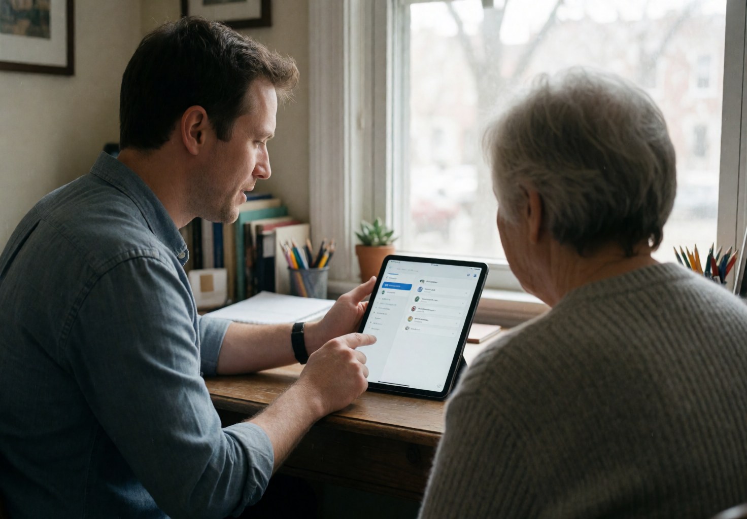 Un consultant logiciel explique une interface d'application sur une tablette à un client âgé dans un bureau domestique éclairé par la lumière naturelle.