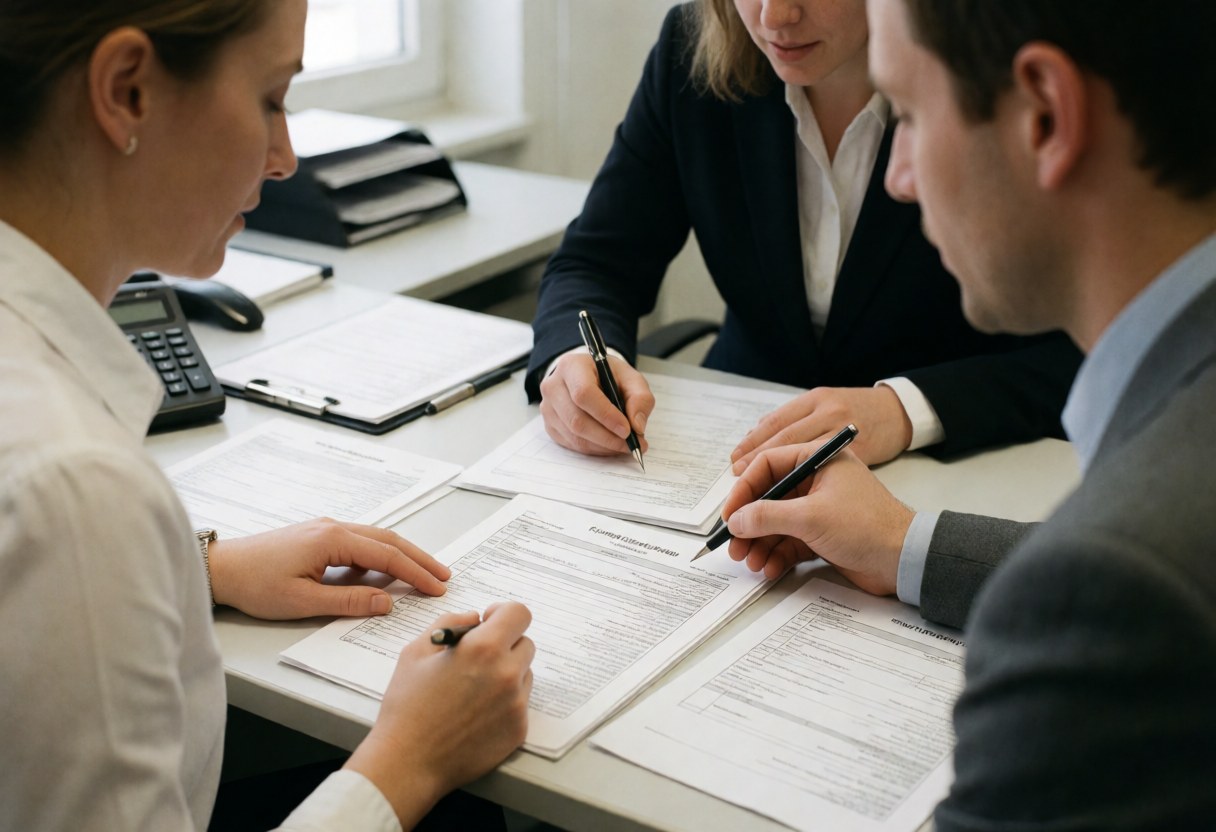Une comptable examine des documents fiscaux sur un bureau avec des stylos et des formulaires dans le cadre d'une révision.