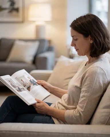 Une femme assise confortablement sur un canapé moderne, tenant un catalogue de meubles ouvert et le regardant avec attention dans un intérieur lumineux.