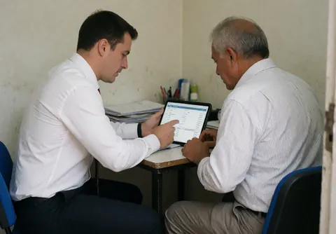 Un comptable explique des données sur un écran à un client lors d'une réunion en bureau lumineux, tous deux concentrés sur l'analyse financière.