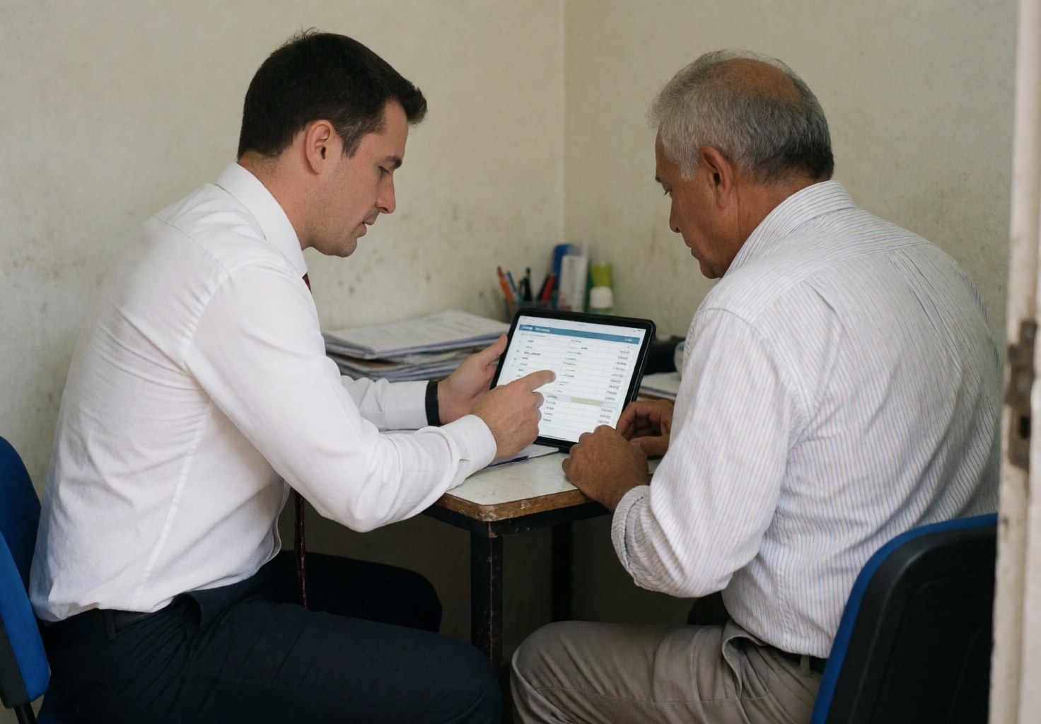 Un comptable explique des données sur un écran à un client lors d'une réunion en bureau lumineux, tous deux concentrés sur l'analyse financière.