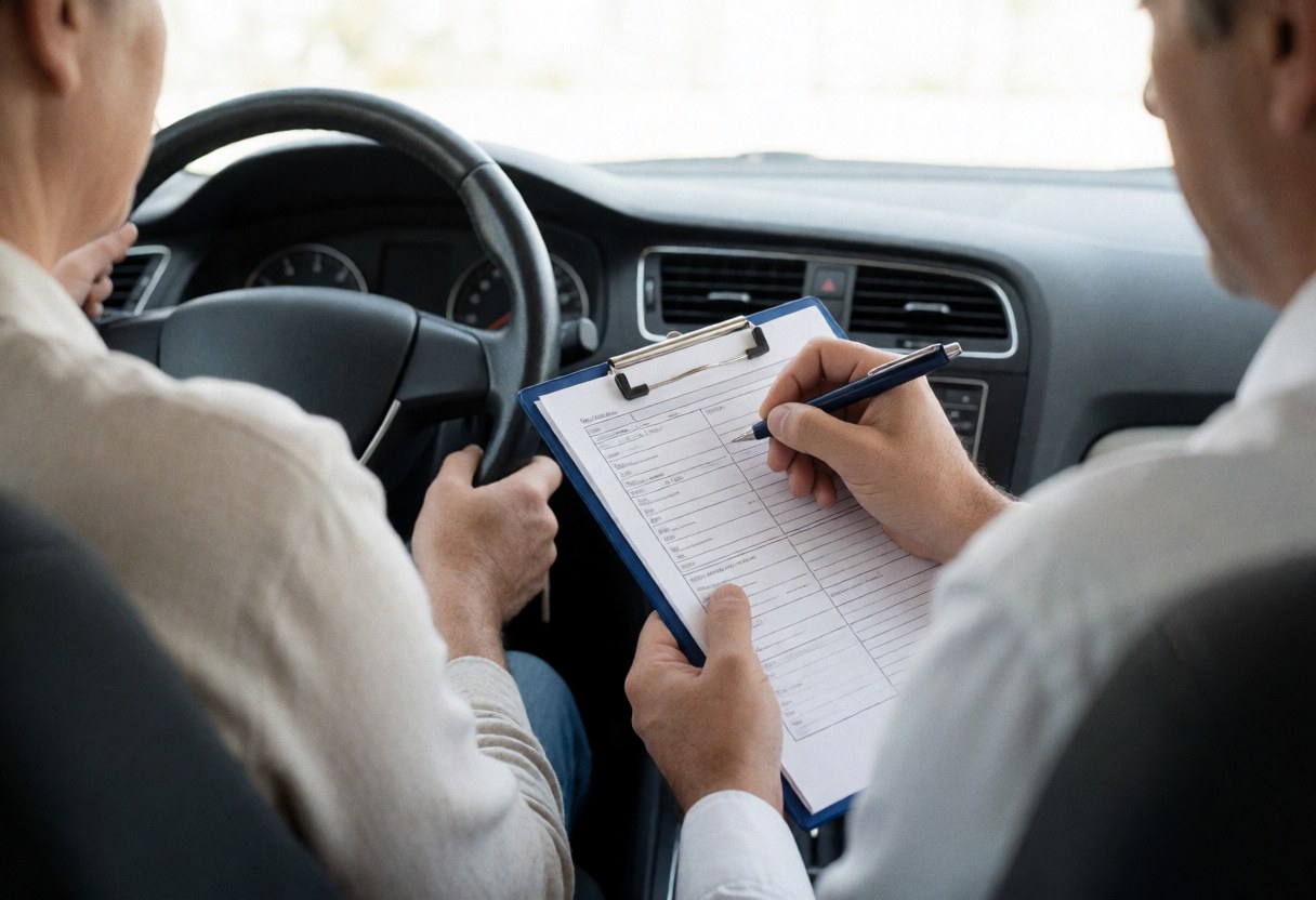 Intérieur d'un véhicule pendant un examen de conduite, montrant l'examinateur tenant des formulaires et le conducteur prêt à passer l'épreuve.