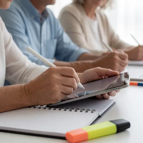 Des mains adultes utilisant un stylet sur une tablette, avec un carnet et un surligneur posés sur une table blanche claire.