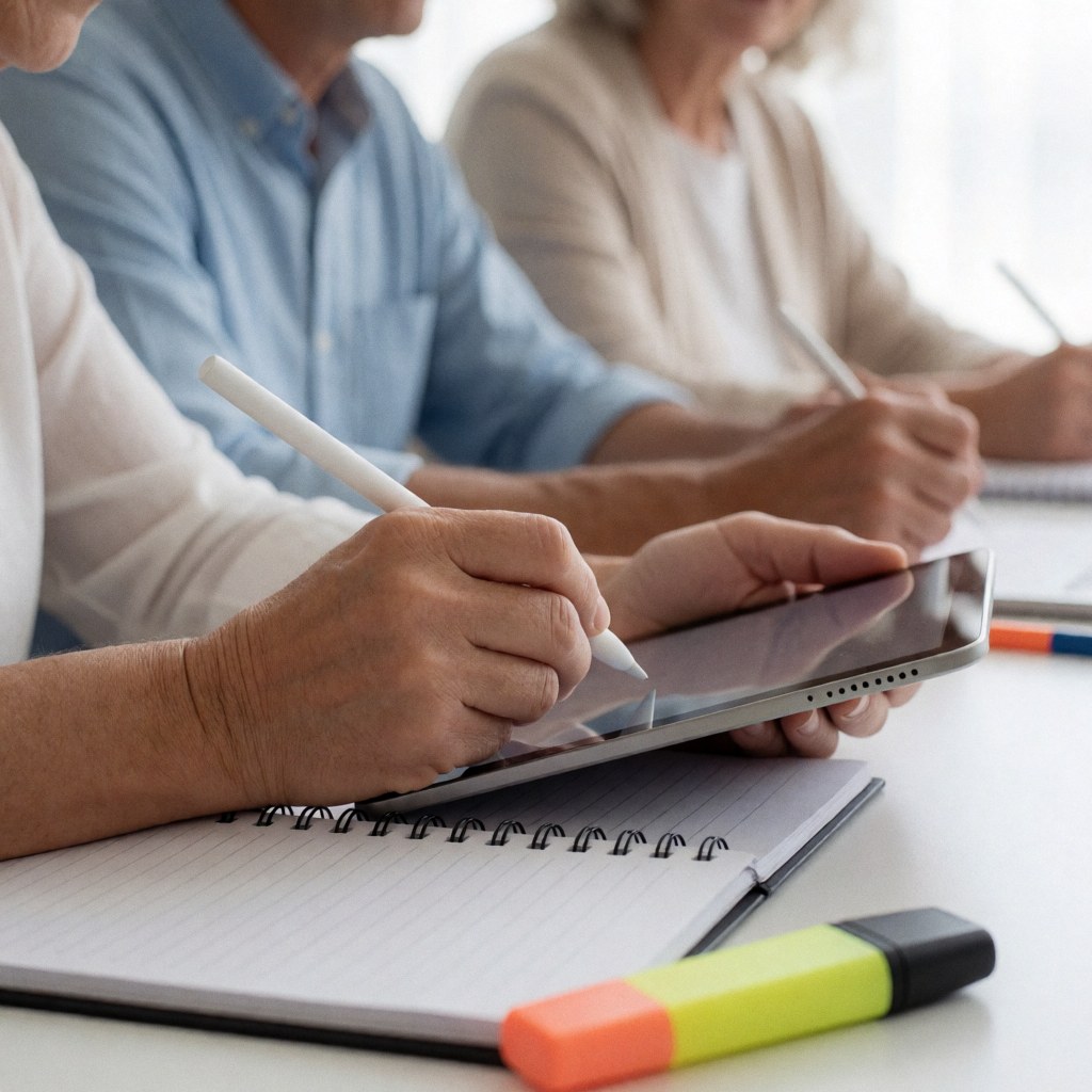 Des mains adultes utilisant un stylet sur une tablette, avec un carnet et un surligneur posés sur une table blanche claire.