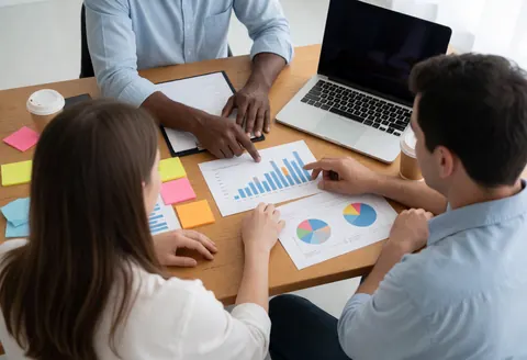Trois personnes lors d'une réunion professionnelle analysent des données de vente sur une table avec un ordinateur portable, du café et des notes adhésives.