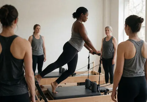 Une femme effectue un mouvement de Pilates sur une machine reformer dans un studio lumineux au fond blanc.