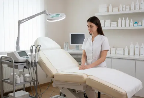 Lit de soin dans une clinique esthétique moderne avec étagère de produits, lumière grossissante et professionnel préparant l'espace.