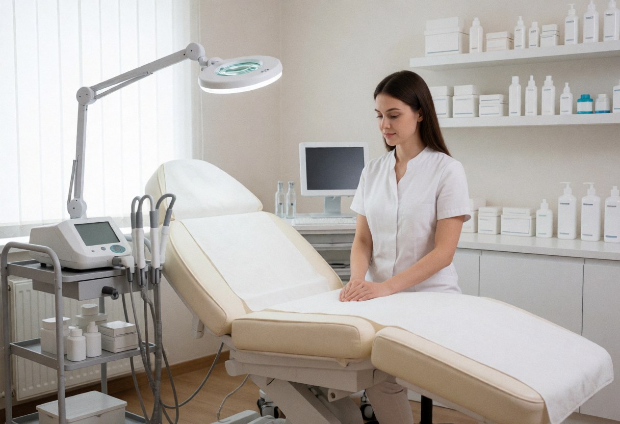 Lit de soin dans une clinique esthétique moderne avec étagère de produits, lumière grossissante et professionnel préparant l'espace.