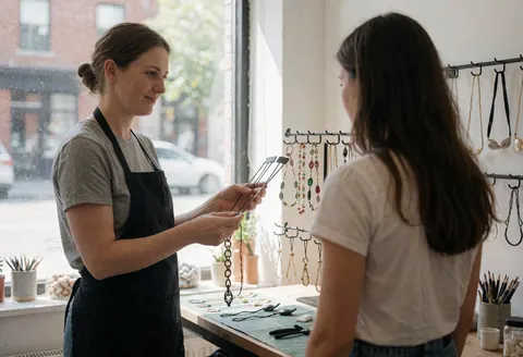Une vendeuse montre des chaînes et des colliers à une cliente devant une vitrine éclairée par la lumière naturelle dans un environnement commercial.